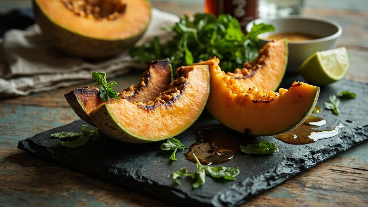 Charred Cantaloupe with Mint and Rice Vinegar
