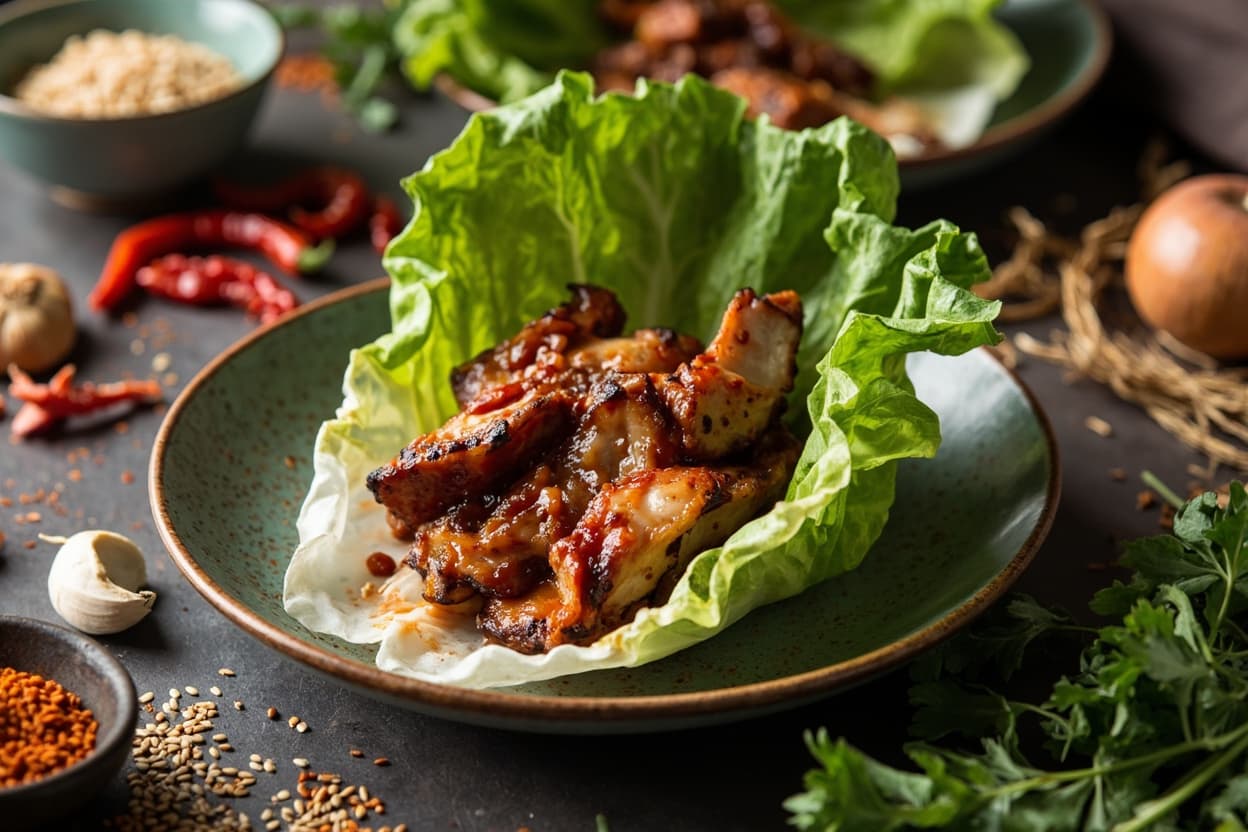 Charred Chili Pork Belly Lettuce Wraps