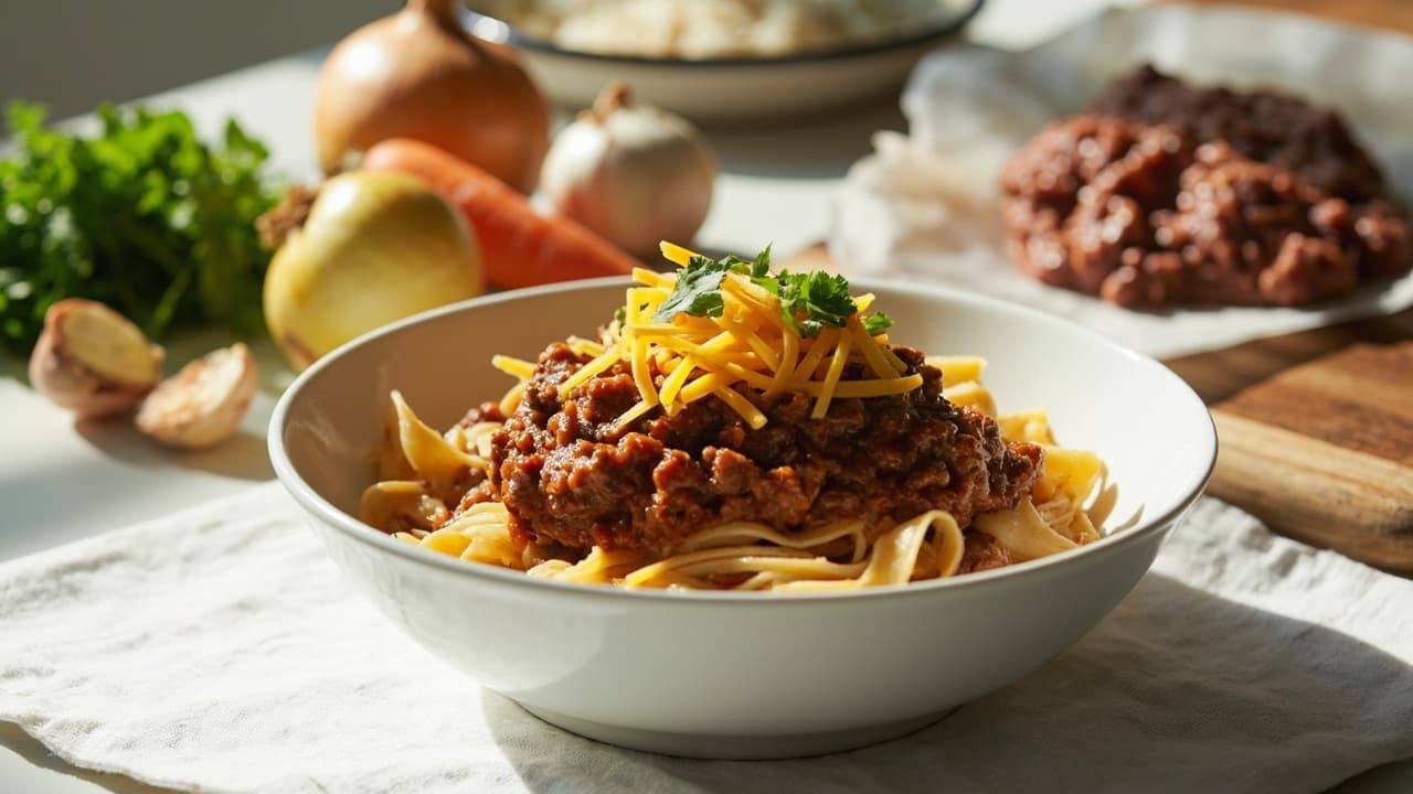 Cheesy Beef and Carrot Bolognese over Penne