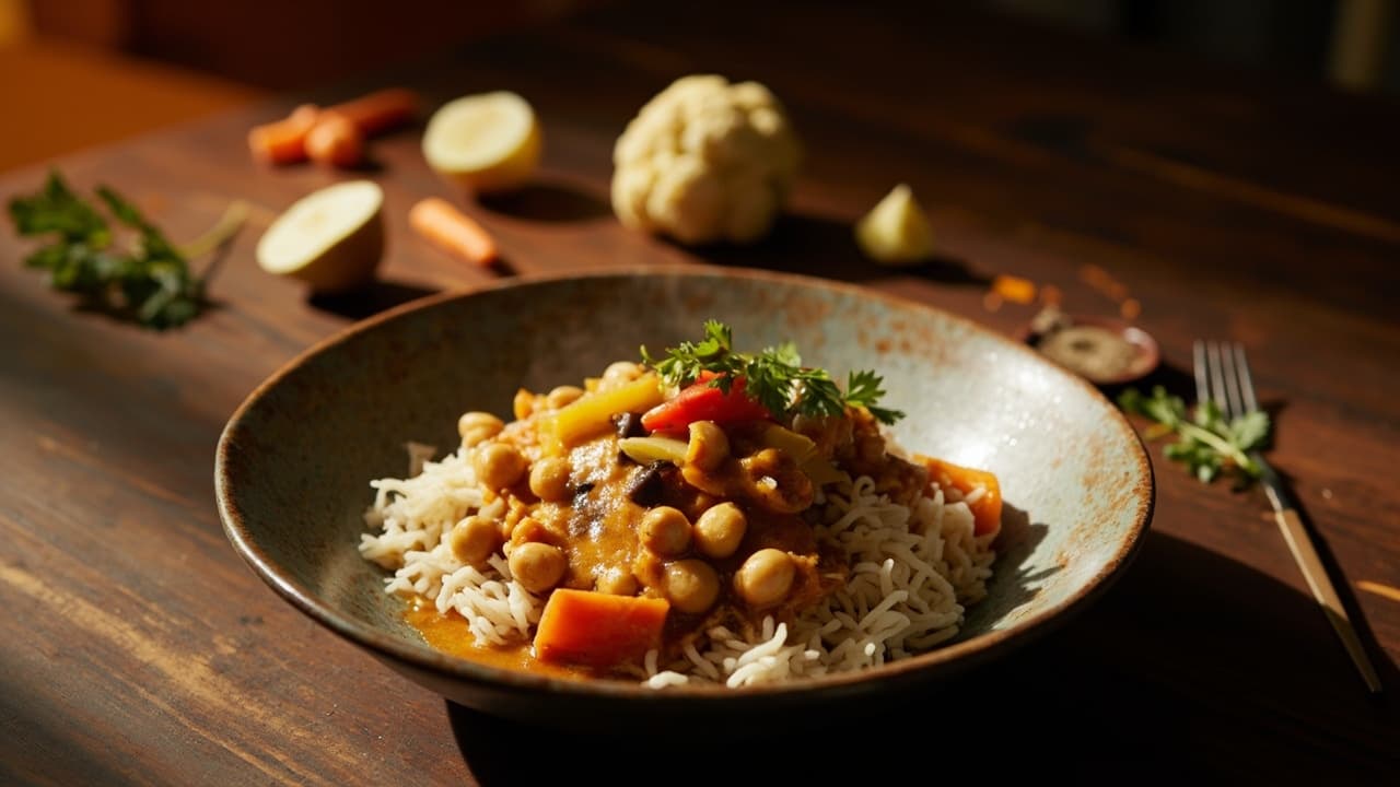Chickpea and Vegetable Curry with Coconut Rice