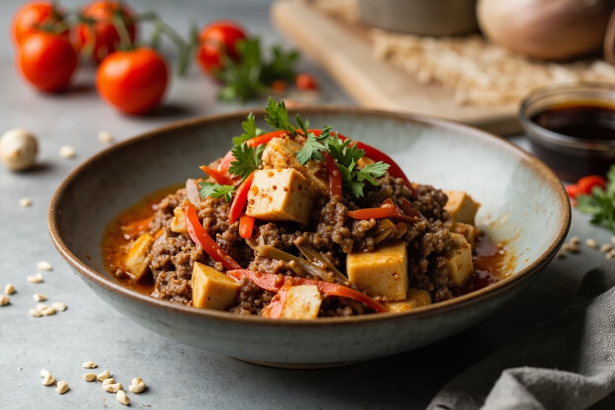 Chili-Garlic Tofu with Beef and Sesame