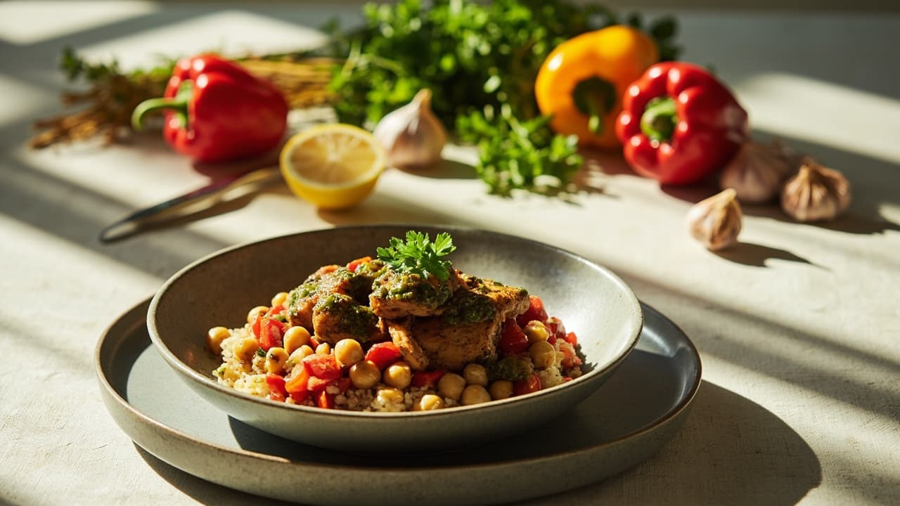 Chimichurri Chicken Bowl with Roasted Bell Peppers & Chickpeas
