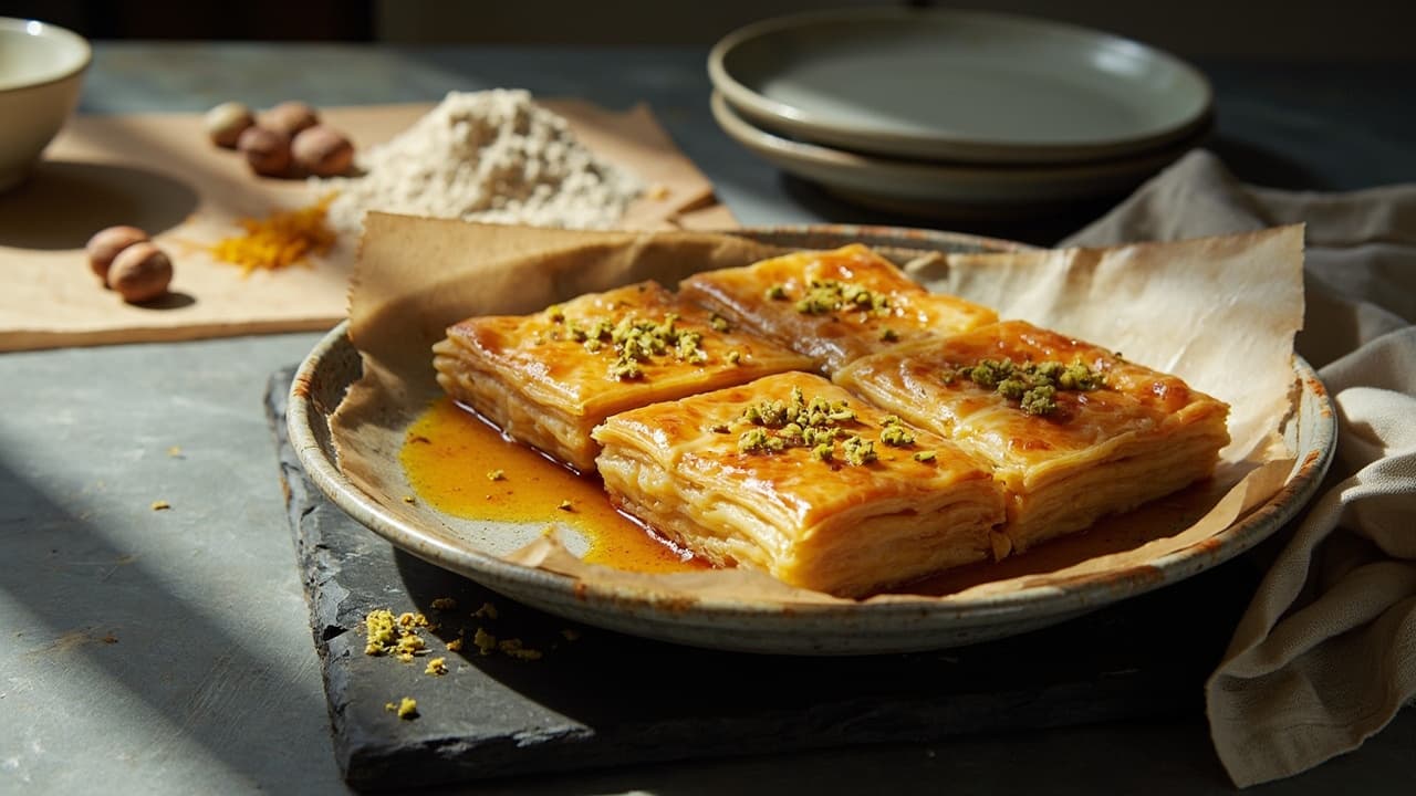 Coconut Flour Baklava Diamonds with Saffron Syrup