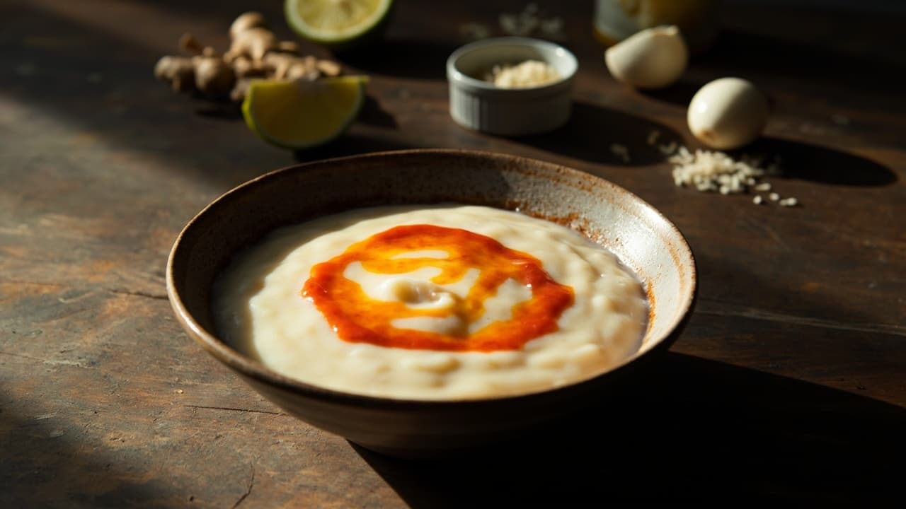 Coconut Flour Rice Pudding with Ginger and Sriracha Drizzle