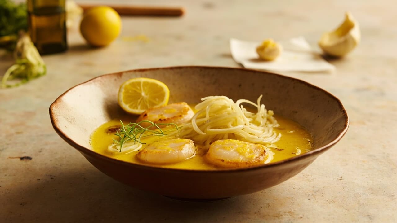 Coconut Milk Poached Scallops with Saffron & Fennel
