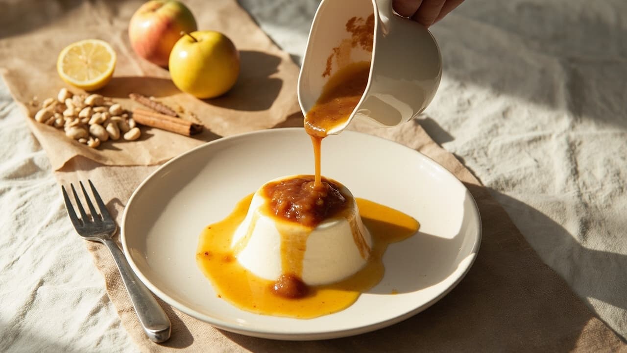 Coconut Tahini Panna Cotta with Spiced Apple Compote