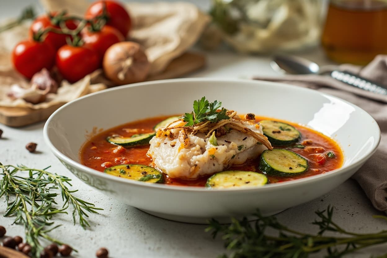 Cod and zucchini in light tomato broth