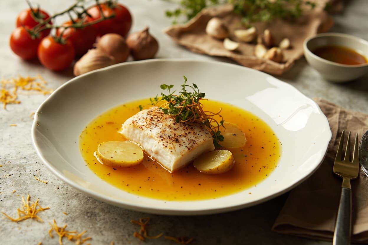 Cod poached in golden saffron broth