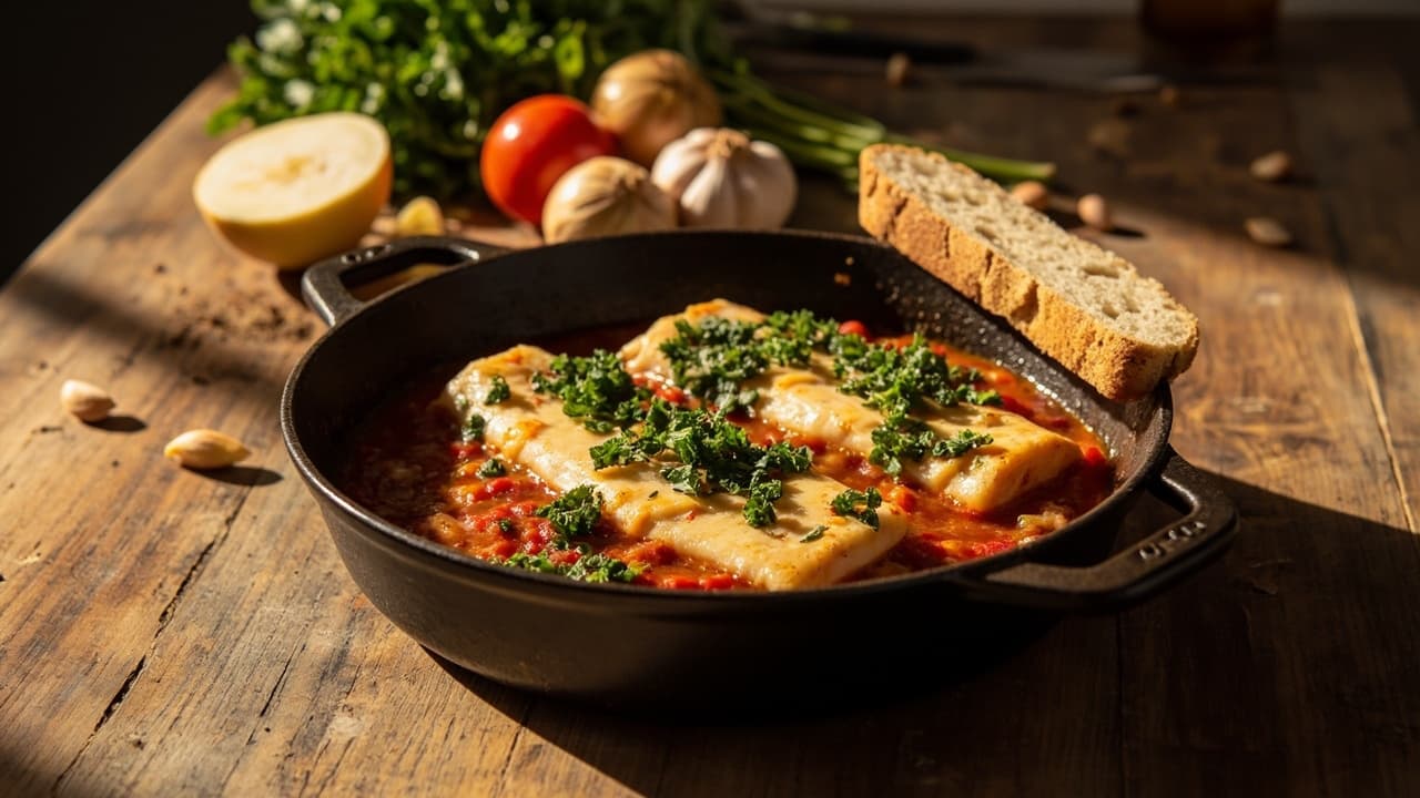 Cod with Slow Sofregit and Parsley Picada