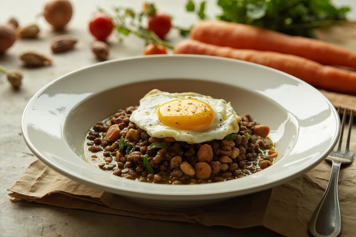 Coddled egg over warm brothy lentils