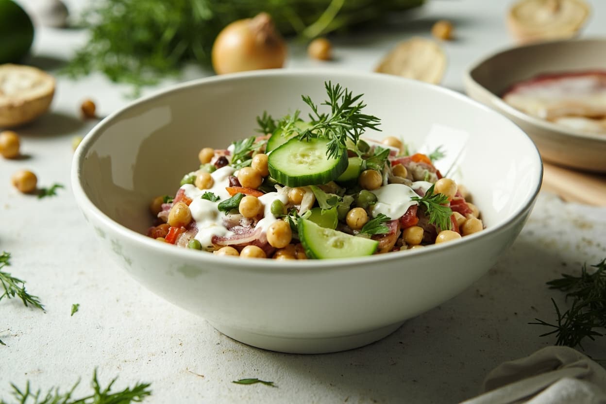 Cool yogurt cucumber and chickpea bowl