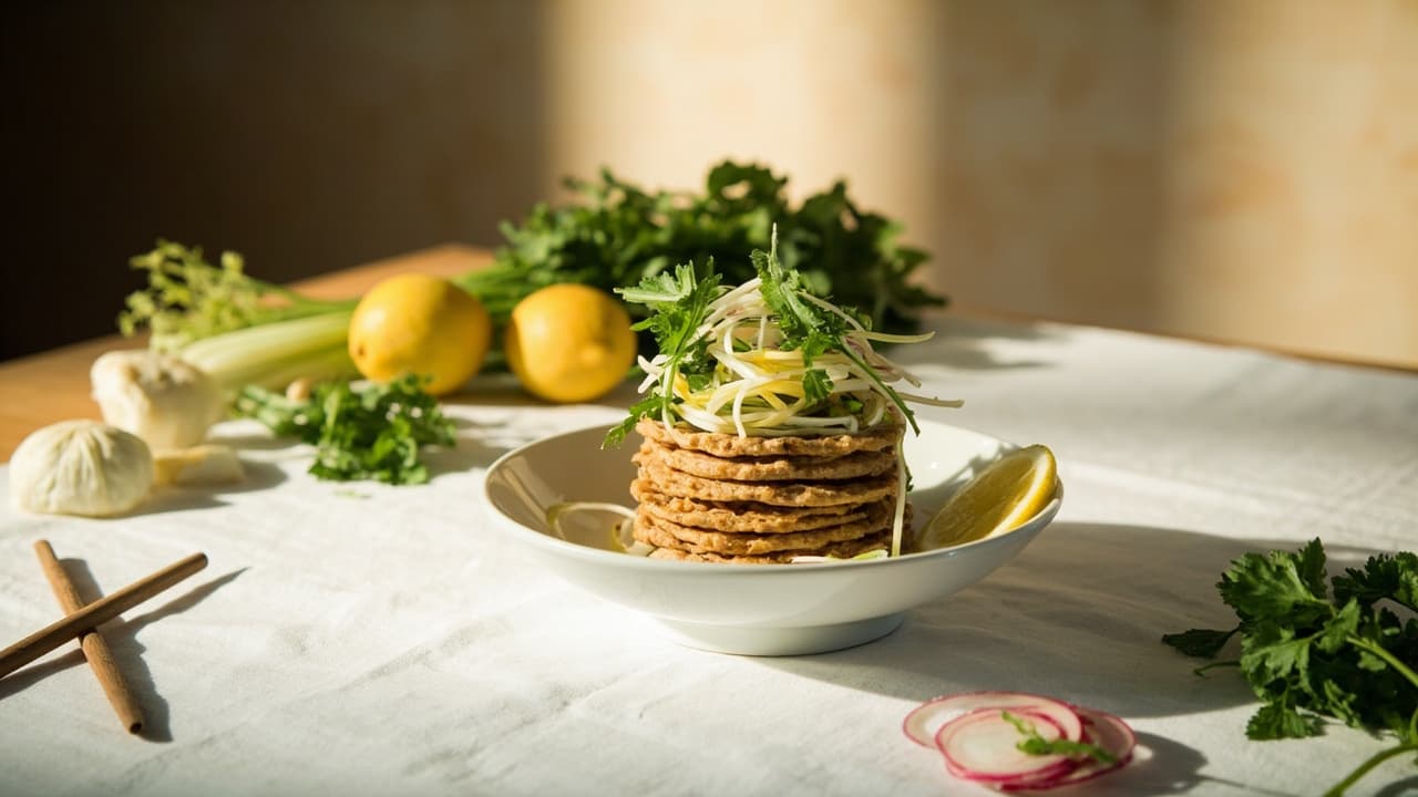 Crispy Buckwheat Blini with Fennel, Radish, and Fresh Herb Topping