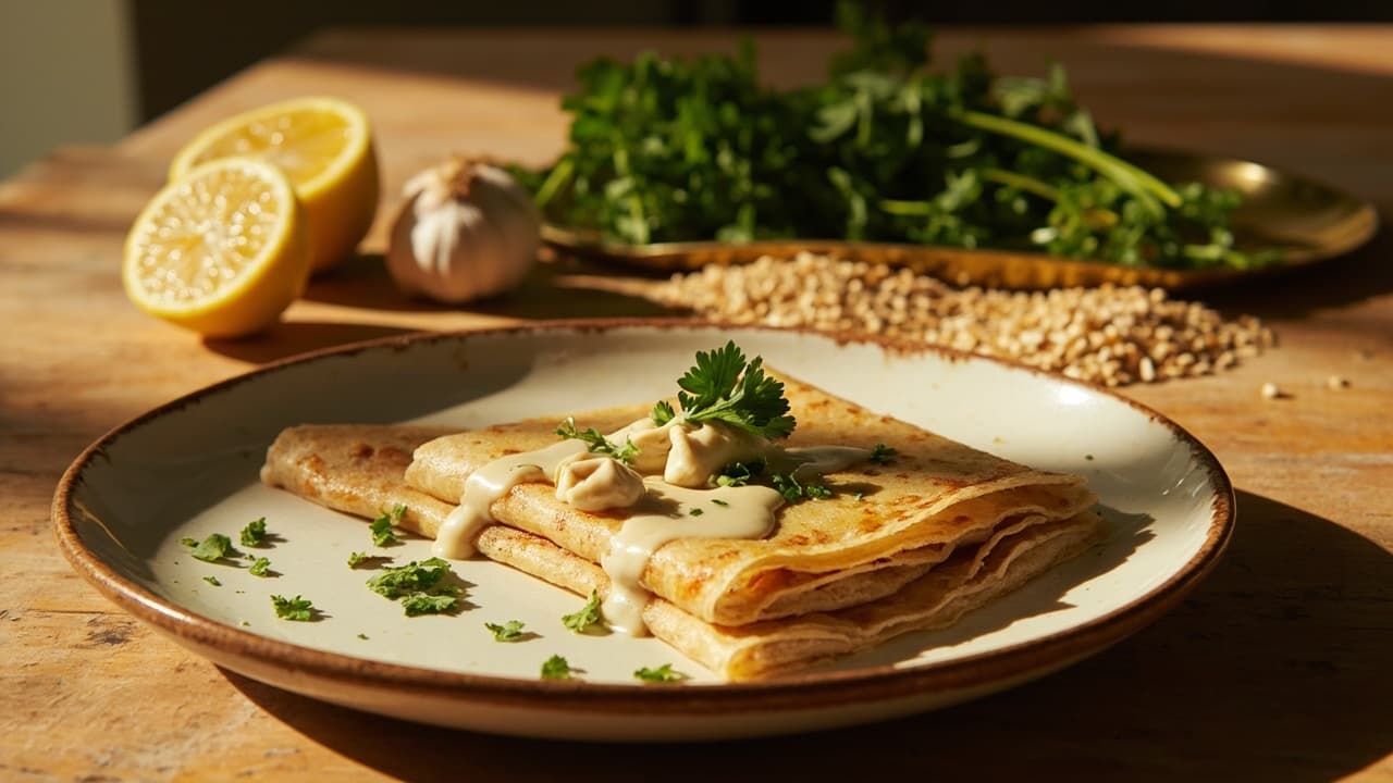 Crispy Buckwheat Crepes with Lemon Herb Tahini Filling