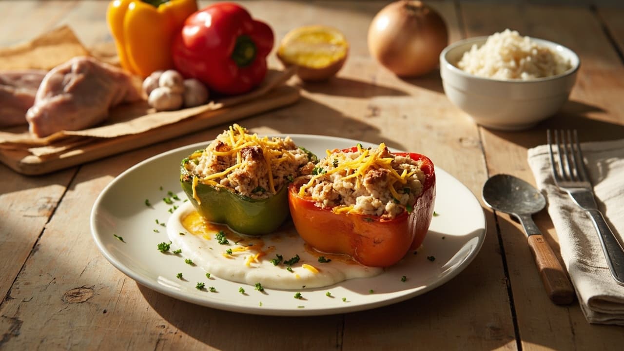 Crispy Chicken and Rice Stuffed Bell Peppers