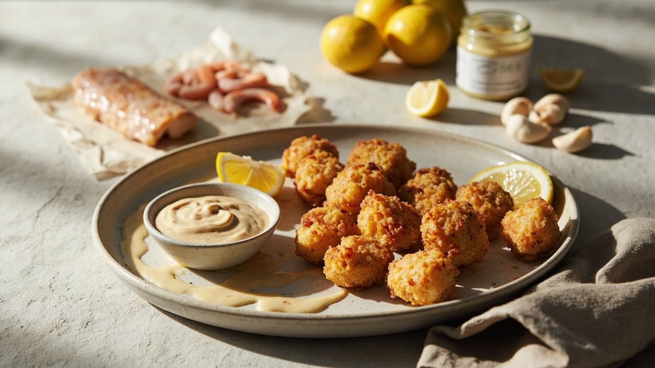 Crispy Cod and Shrimp Bites with Spicy Tahini Dip