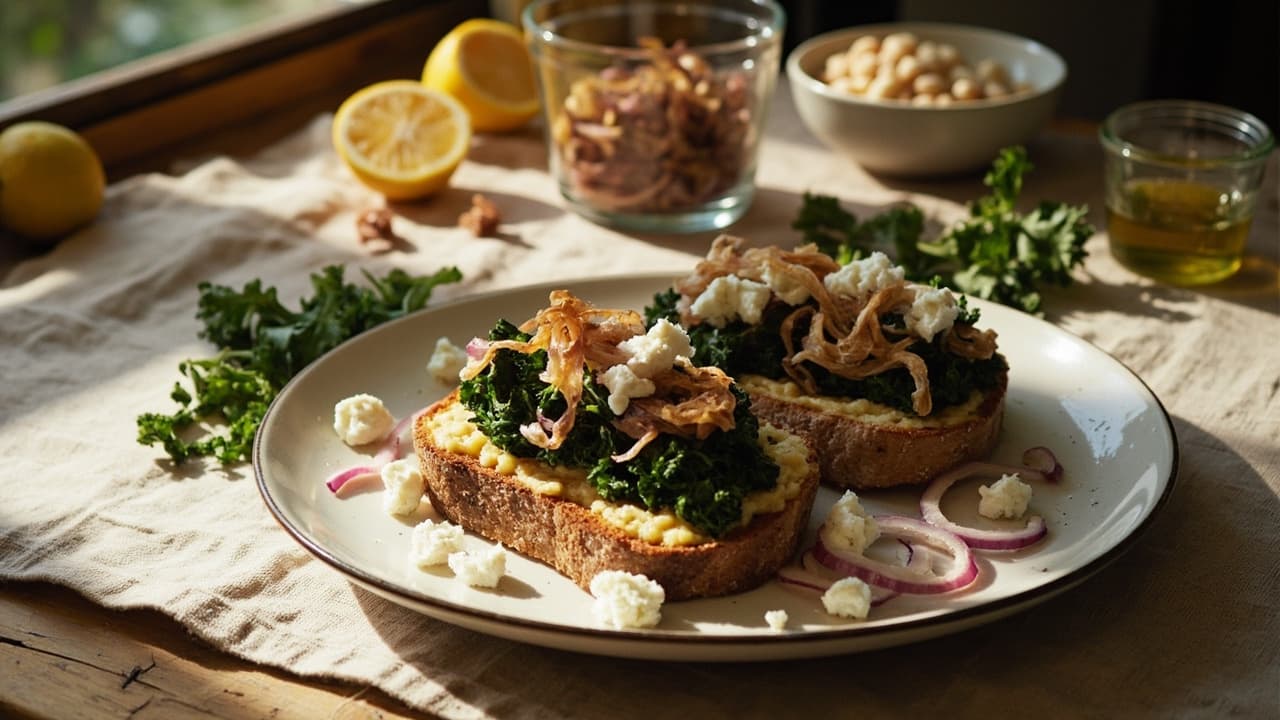 Crispy Kale and White Bean Toasts with Pickled Onion and Feta