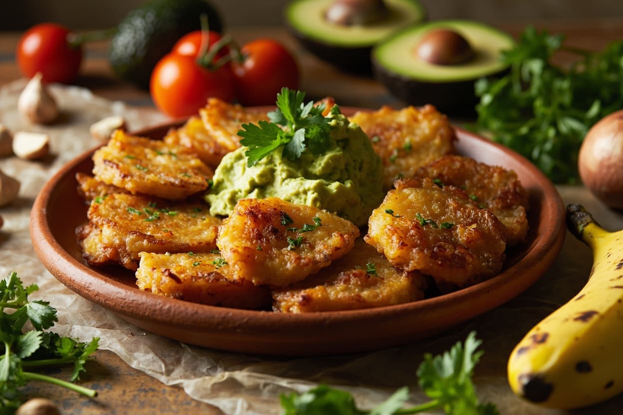 Crispy Patacones with Garlic Avocado Mash