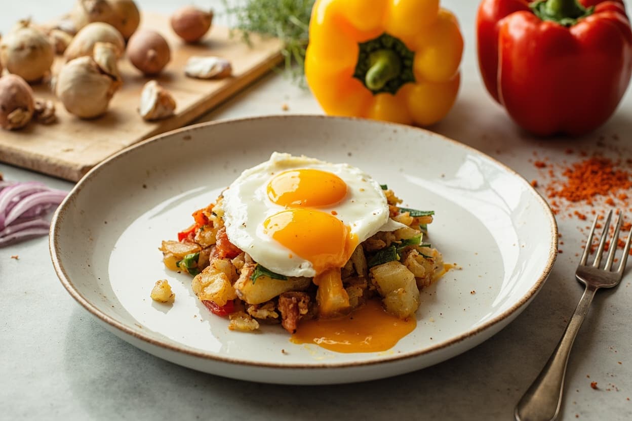 Crispy Potato and Pepper Hash, Runny-Yolk Eggs