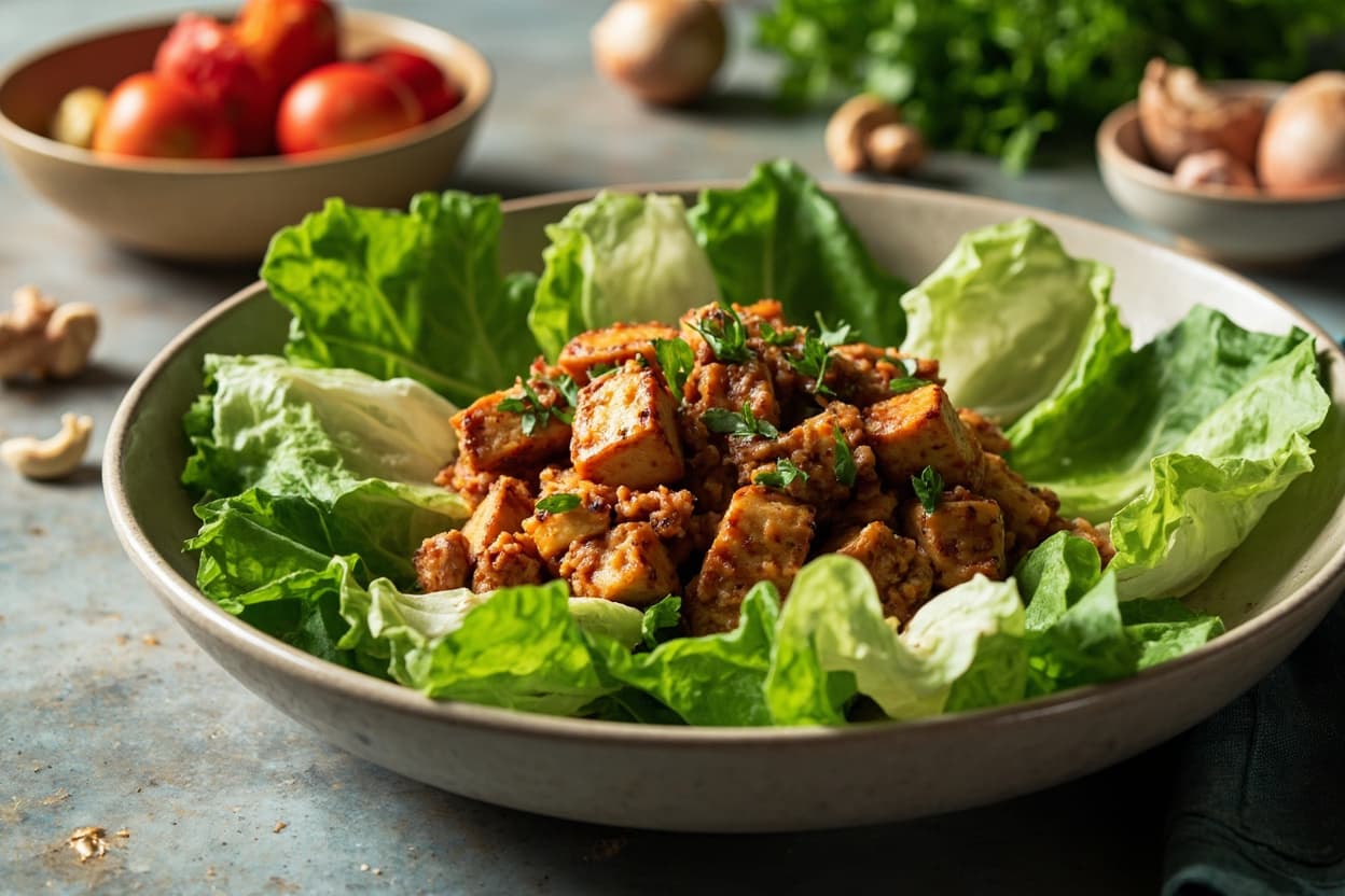 Crispy Tofu Lettuce Wraps with Cashews