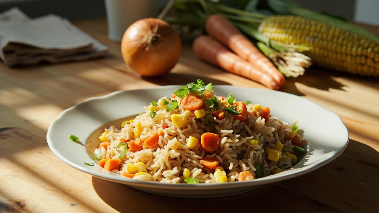 Cumin-Scented Egg Fried Rice with Carrot and Corn
