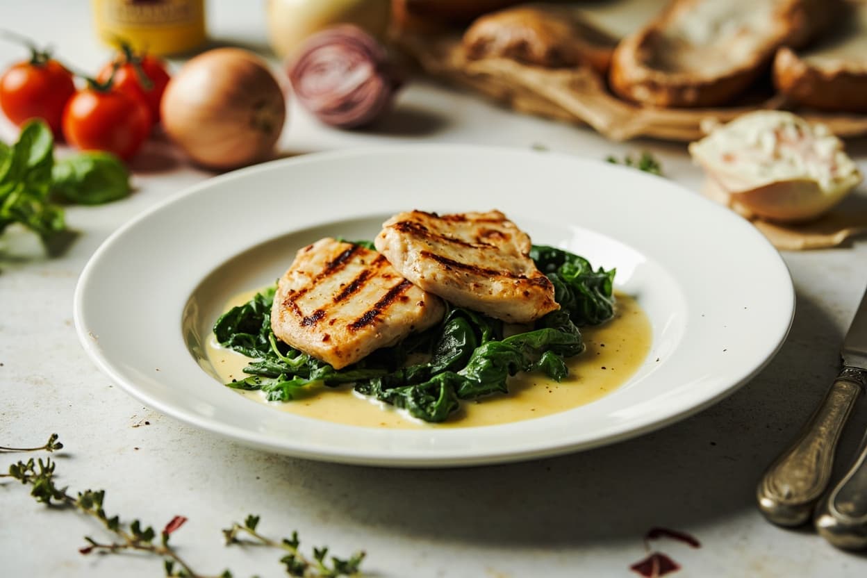 Dijon Cream Chicken with Wilted Greens