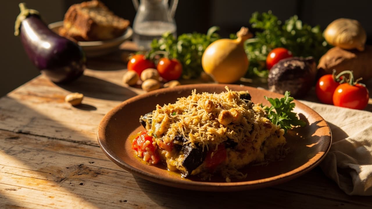 Eggplant and Tomato Gratin with Hazelnut Picada