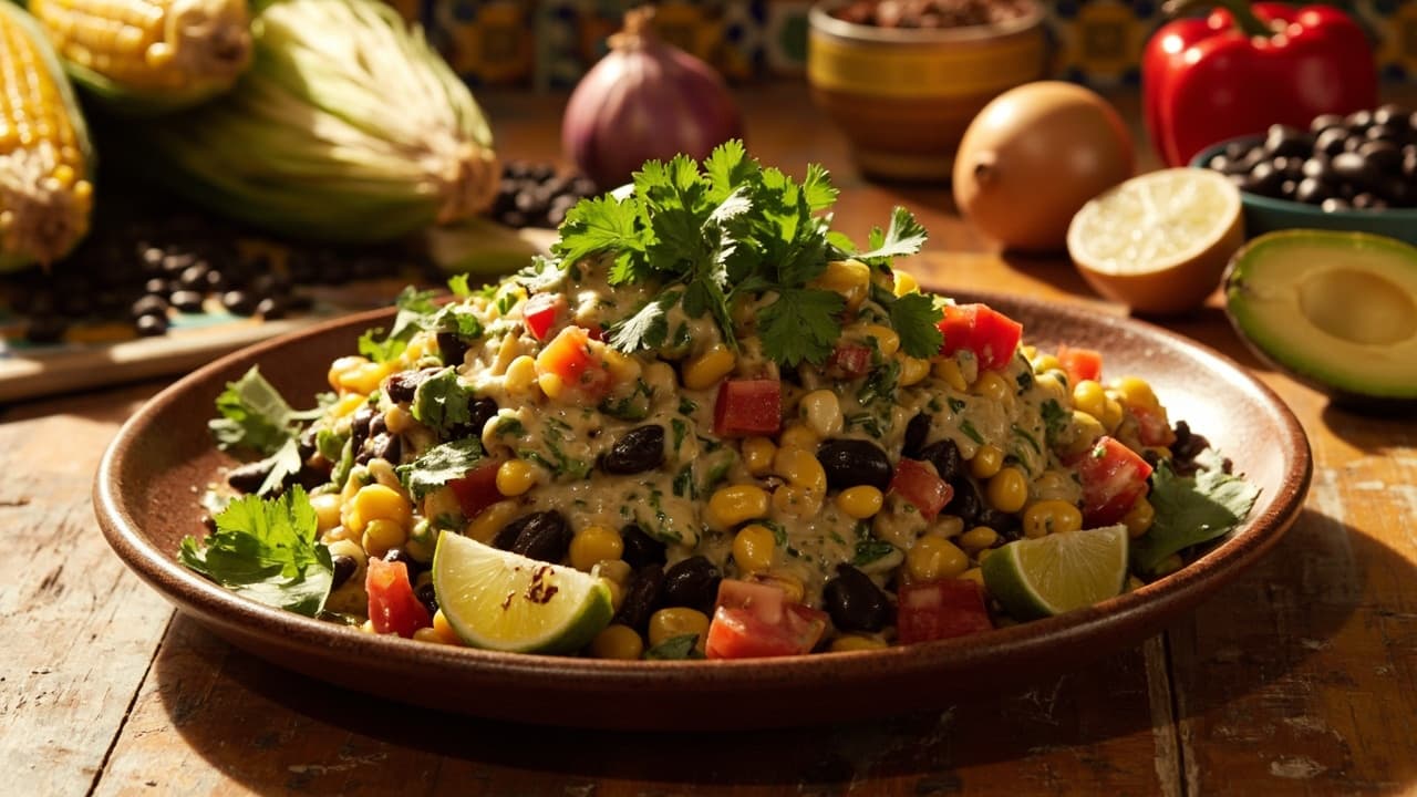 Ensalada de Maíz y Frijoles Negros con Aderezo de Cilantro y Limón