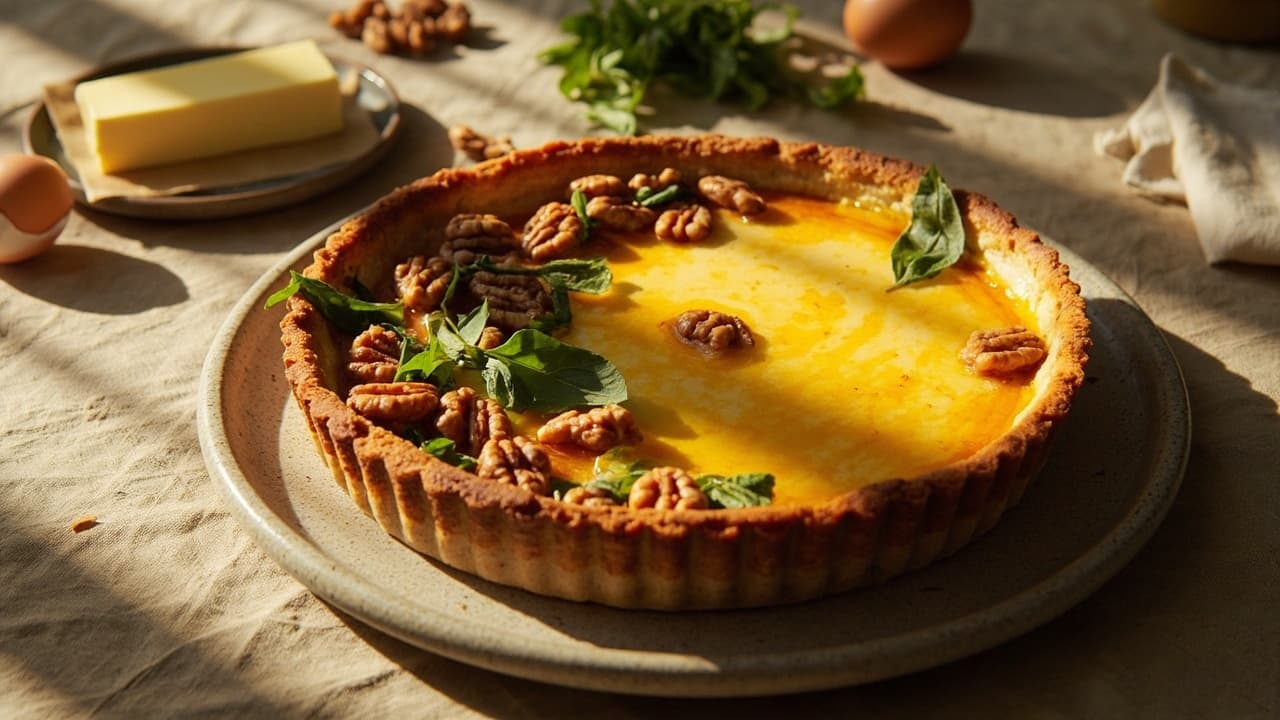 Feta and Honey Ricotta Tart with Candied Walnuts and Basil
