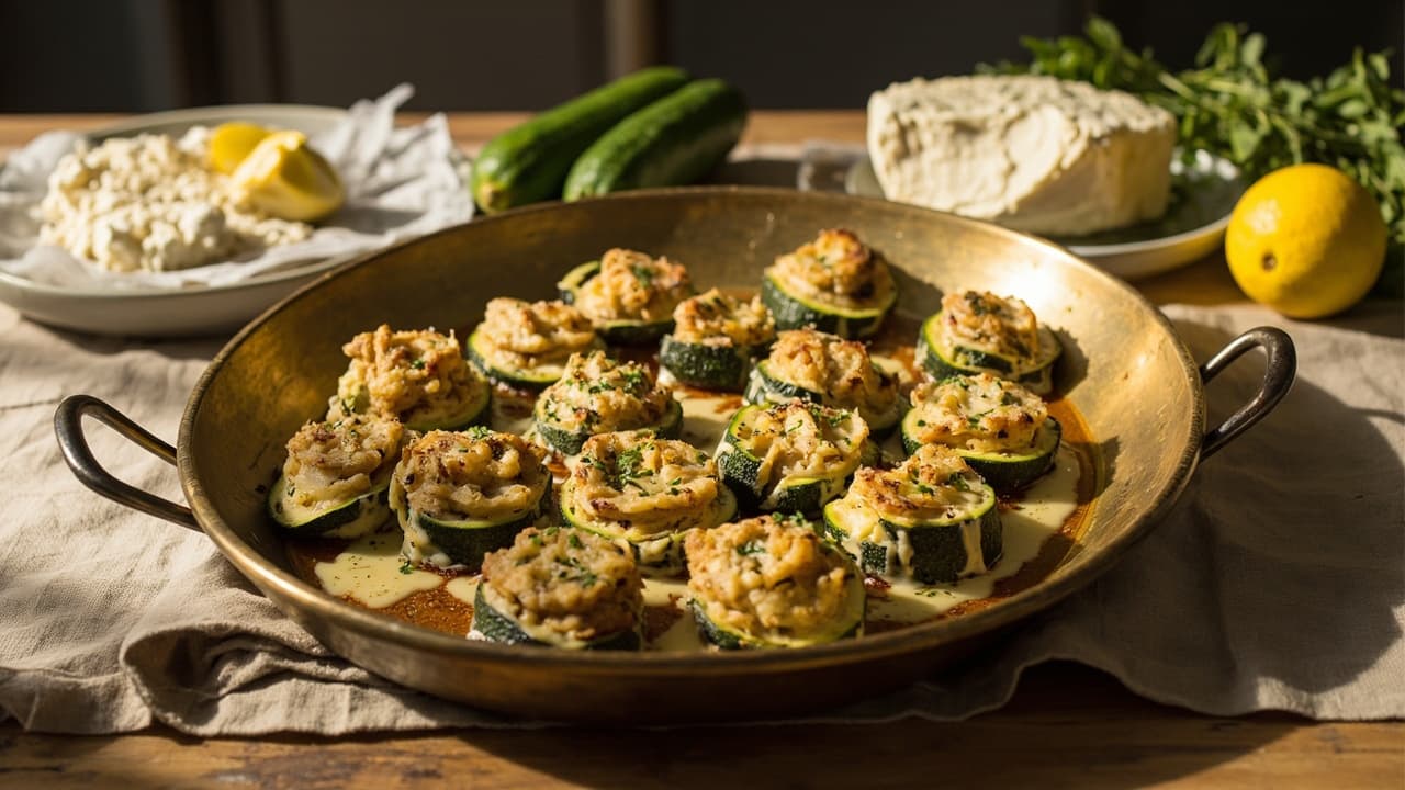 Feta and Parsley Stuffed Zucchini Rounds with Lemon Tahini Drizzle