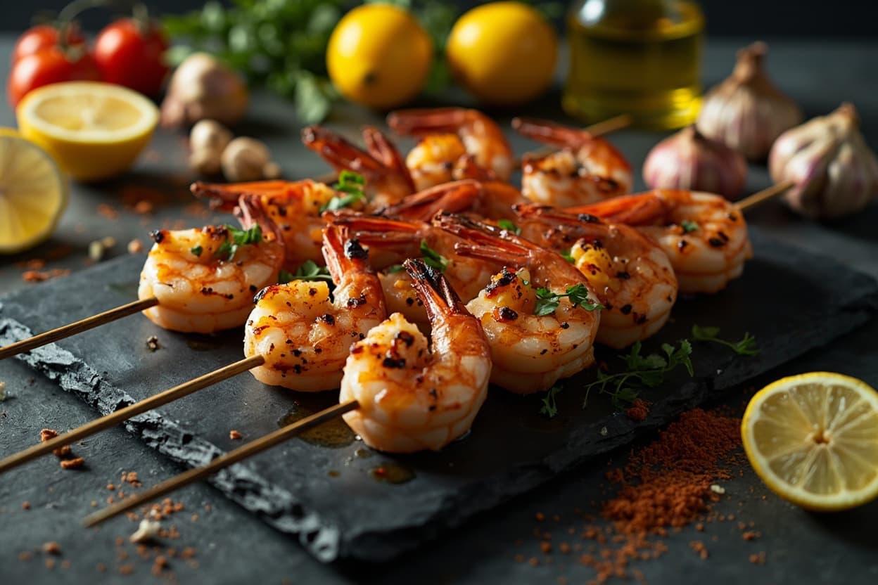Fire-Charred Shrimp Skewers, Lemon and Garlic