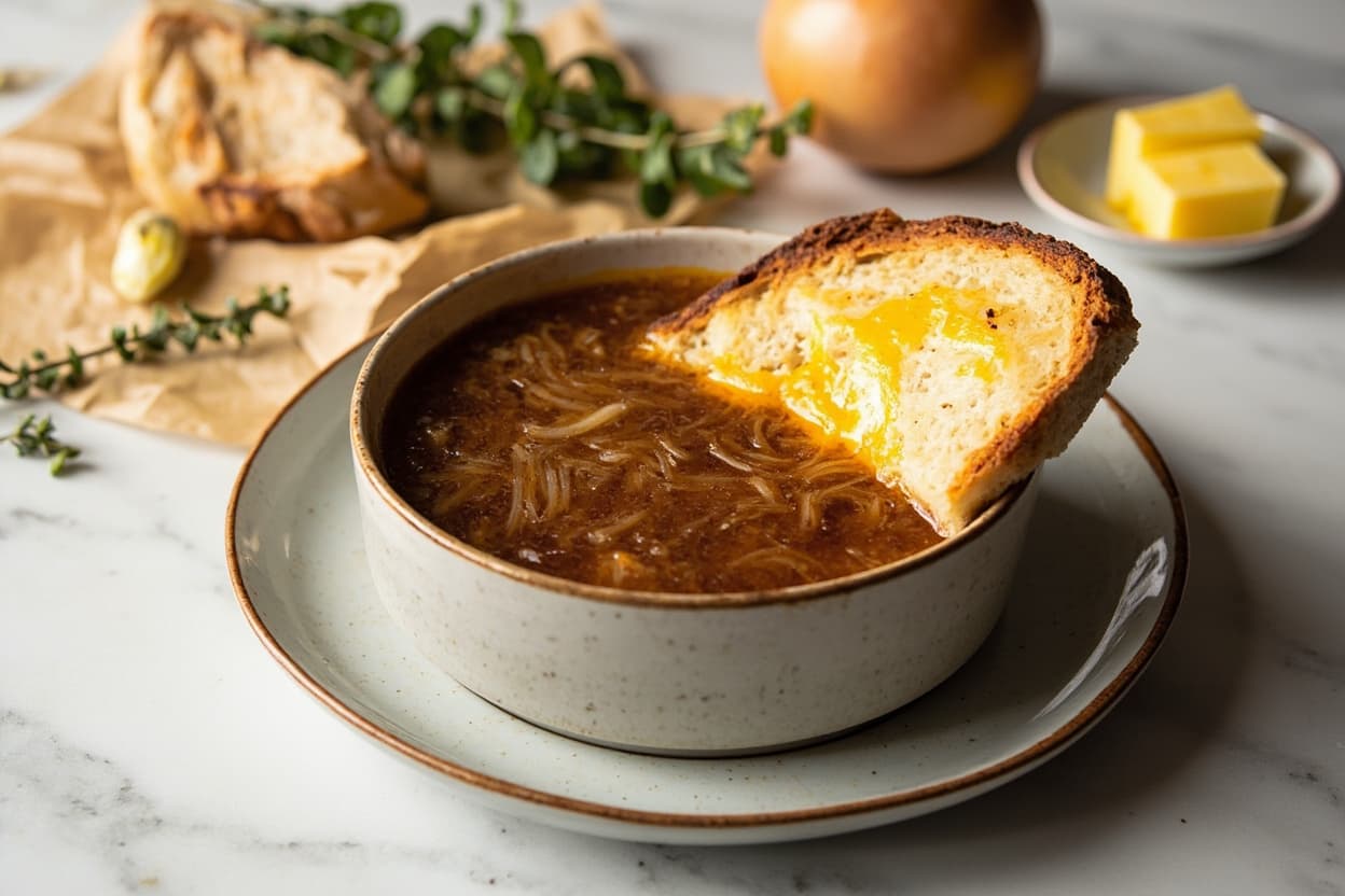 French Onion Soup with Melted Cheese Toasts