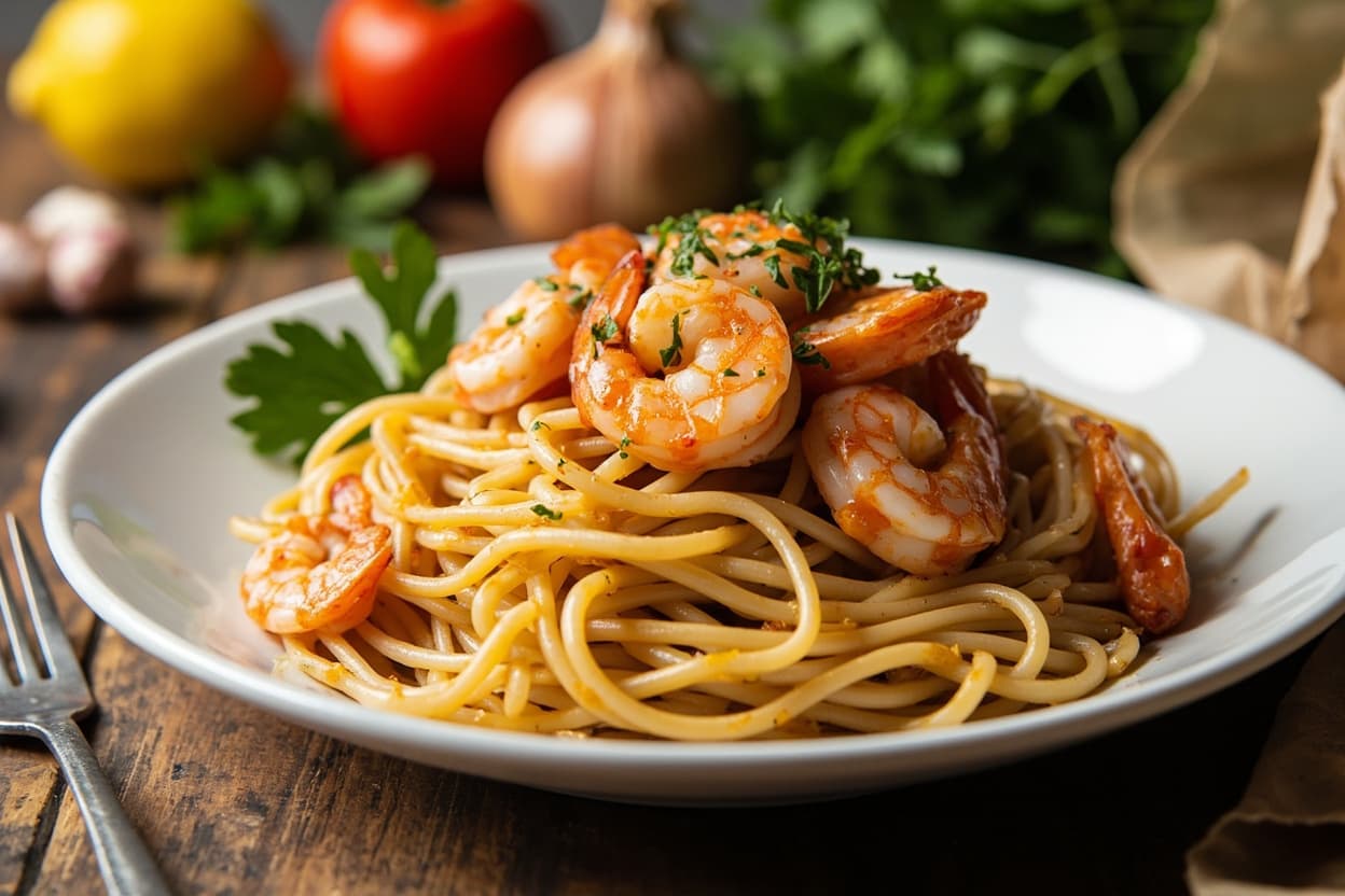Garlic Shrimp Scampi over Spaghetti
