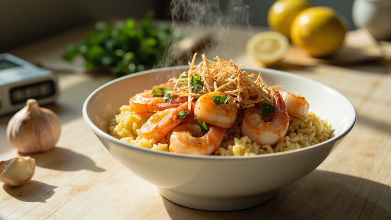 Garlic Shrimp with Crispy Shallots over Lemony Rice