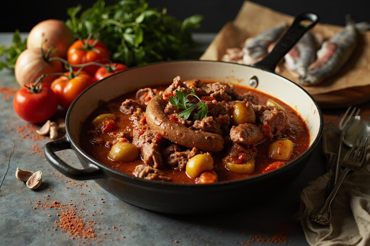 Garlicky Pork and Sausage Skillet Stew