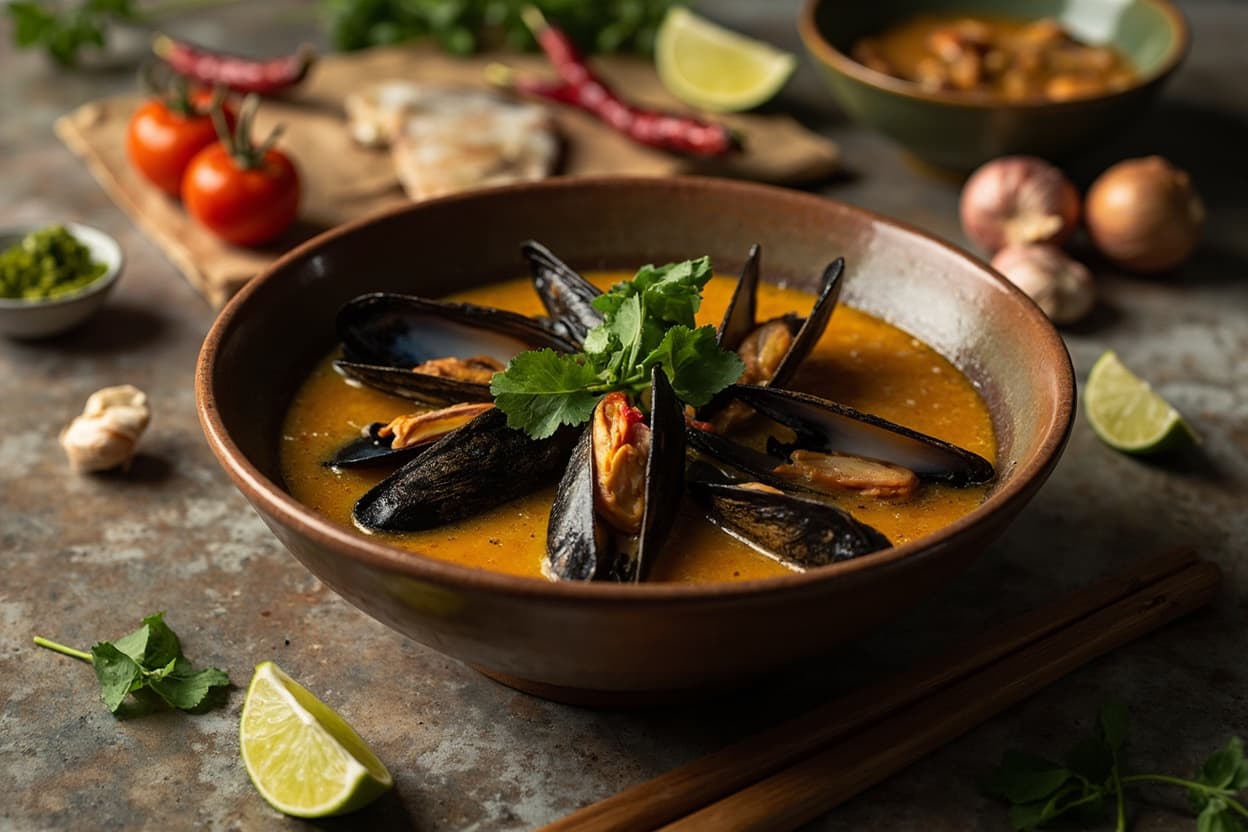 Ginger and Lime Mussels in Aromatic Broth