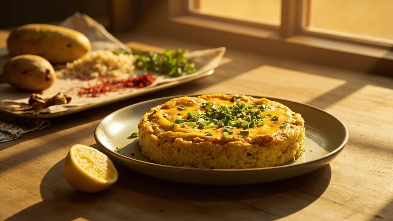 Golden Tahdig Rice Cake with Saffron Herb Topping