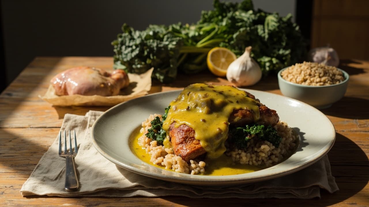 Greek Vinaigrette Chicken Thighs with Brown Rice & Kale