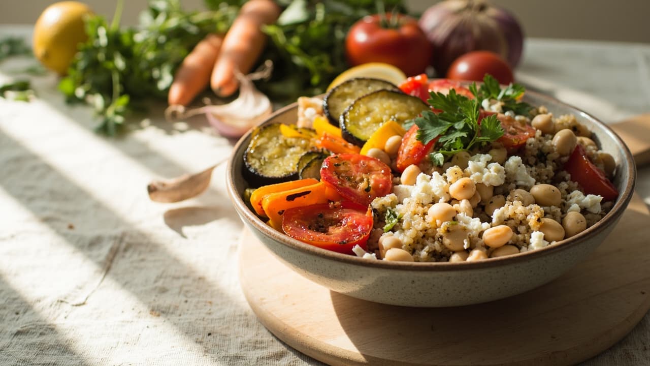 Greek Vinaigrette Roasted Vegetable Bowls with White Beans