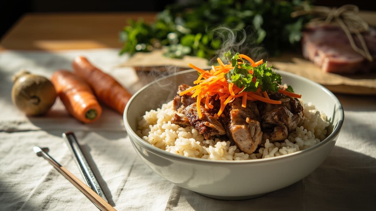 Grilled Pork and Rice with Fresh Herbs and Pickled Carrot