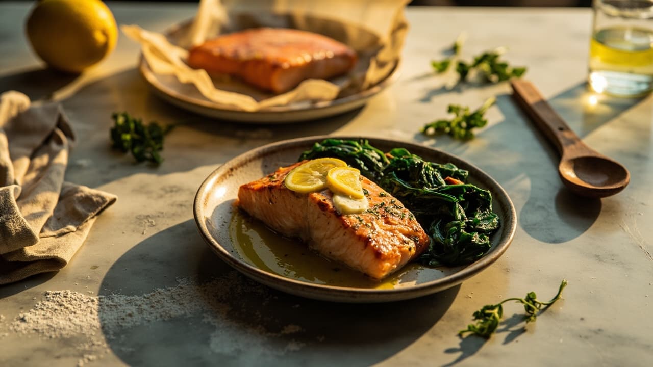 Grilled Salmon with Lemon-Herb Butter and Wilted Spinach