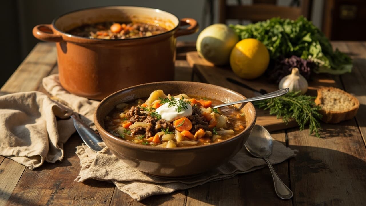Hearty Ground Beef and Cabbage Soup with Lemon and Dill