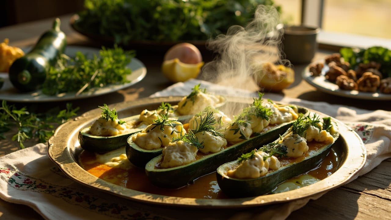 Herb and Walnut Stuffed Zucchini with Saffron Yogurt