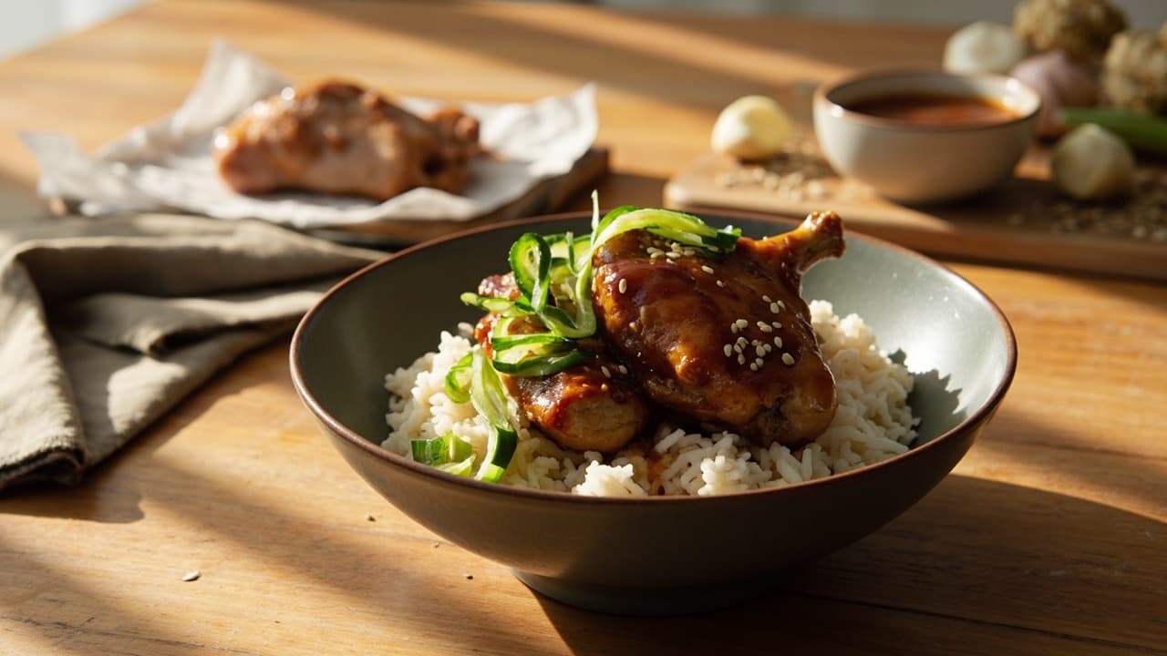 Honey-Soy Glazed Chicken Thighs Over Pickled Cucumber and Rice