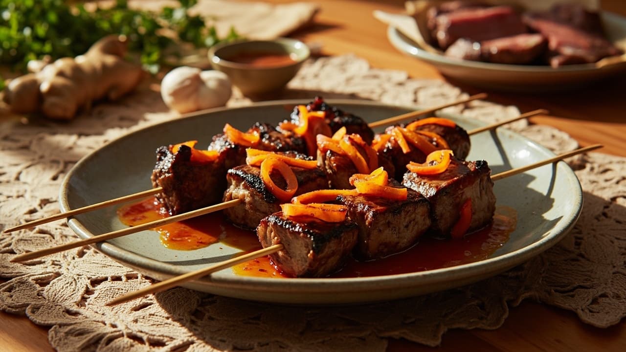 Hot Sriracha Beef Skewers with Charred Ginger