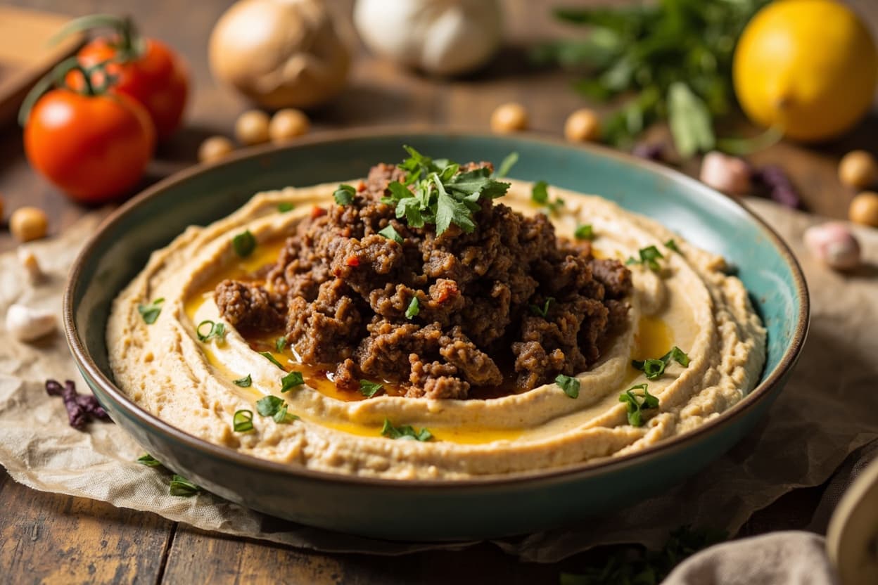 Hummus Topped with Spiced Ground Beef
