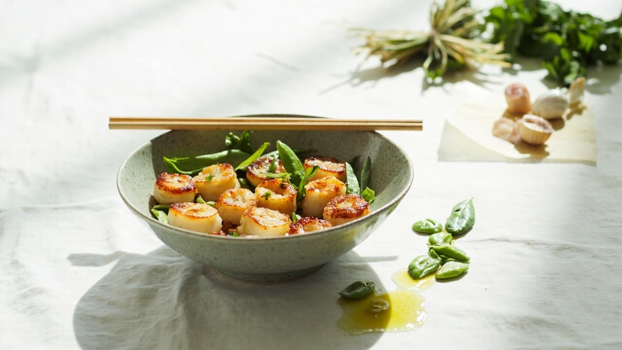 Jasmine Rice Cakes with Scallop, Snap Pea, and Herb Oil