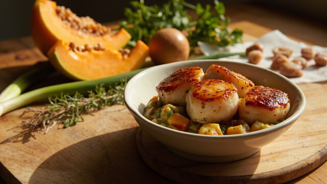 Jerk Glazed Scallops with Cantaloupe Salsa Verde