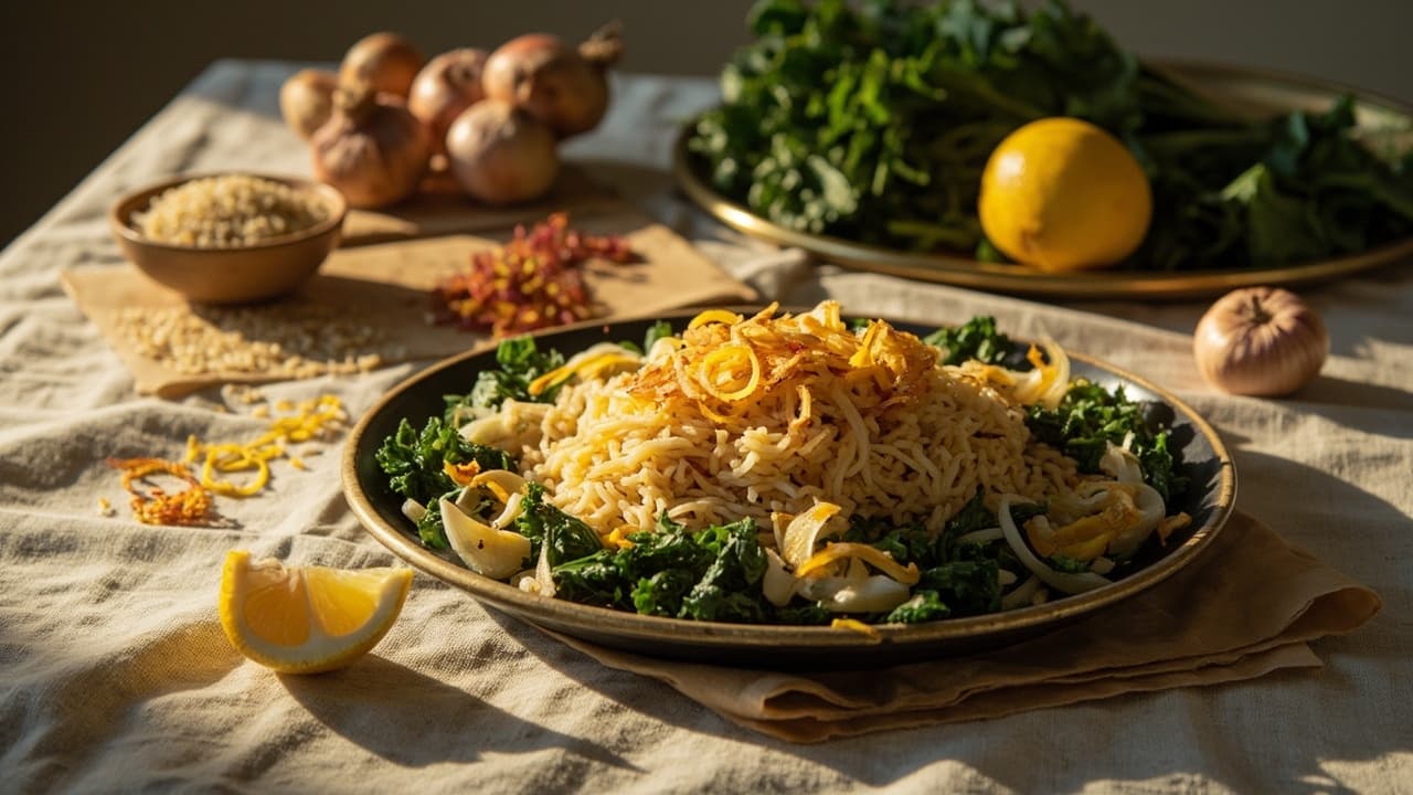 Kale and Saffron Rice with Crispy Shallots
