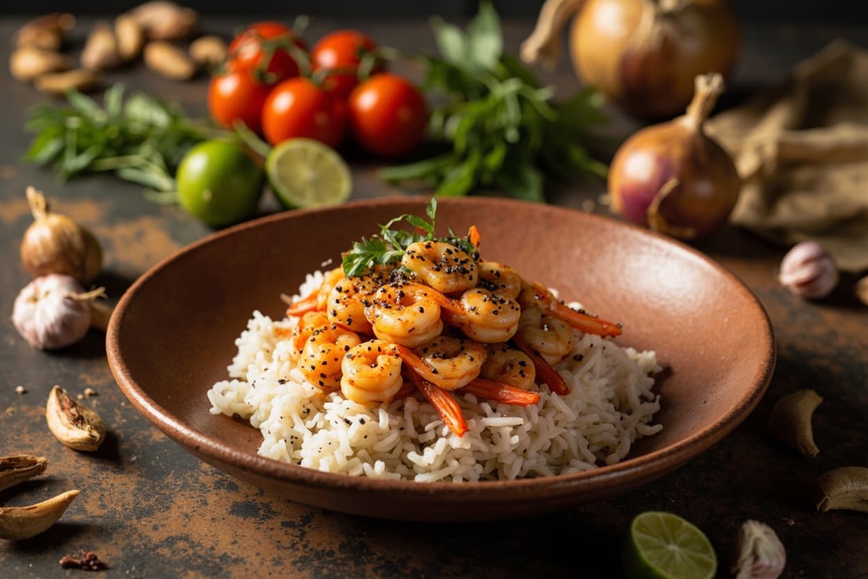 Kampot Pepper Shrimp over Steamed Rice