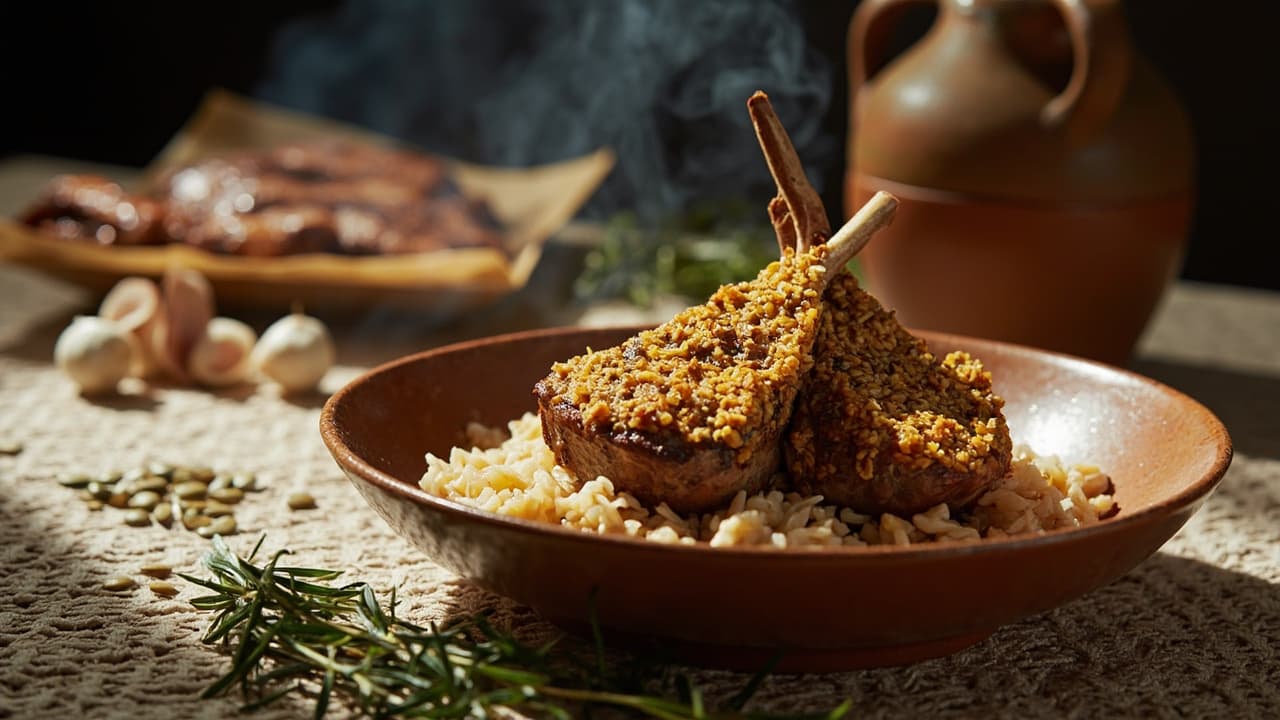 Lamb Chops with Pumpkin Seed Crust over Jasmine Rice